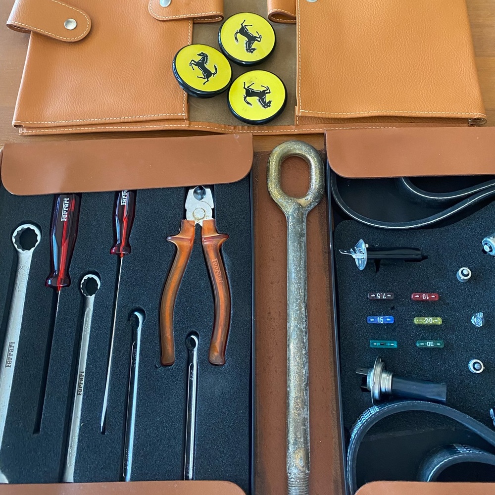 Ferrari 350 Modena authentic tool kit plus 3 center caps brass wrench